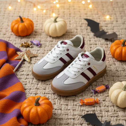 Tenis Casuales RetroStyle Vinotinto en ambiente de Halloween