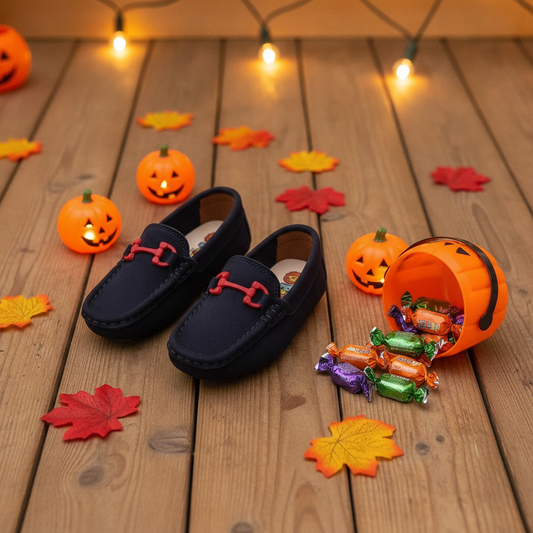 Mocasines para Niños Ethan Azul y Rojo en ambiente de Halloween