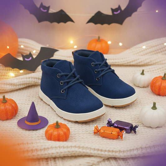 Botines Niños Manny Azul en ambiente de Halloween