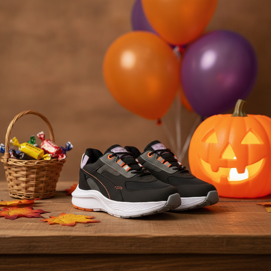 Tenis NEON Negro y Naranja en ambiente de Halloween