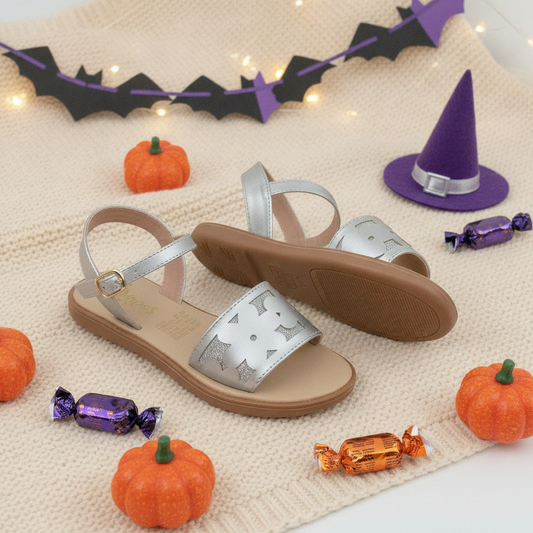 Sandalias para Niñas Plata Elegante en ambiente de Halloween