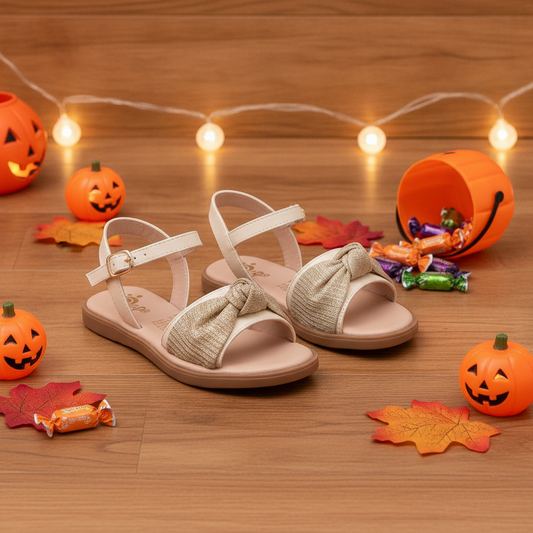 Sandalias para Niñas Lazo Dorado en ambiente de Halloween