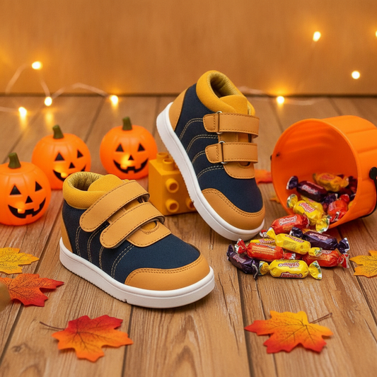 Botas Bebés Camilo Azul y Miel en ambiente de Halloween