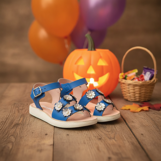 Sandalia Celenny Azul Metalizado en ambiente de Halloween