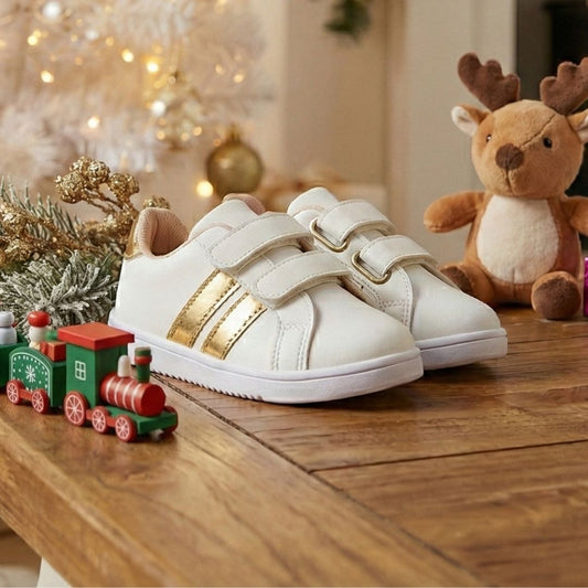 Zapatos Bebé Barefoot Lara – Blanco y Dorado (Velcro)