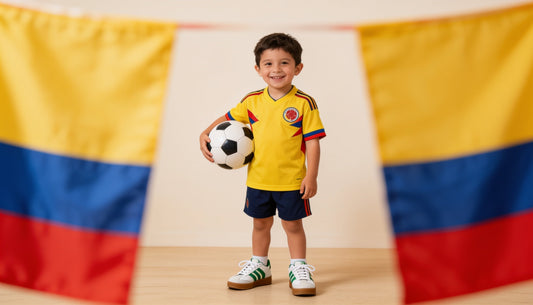 Niño con camiseta de la Selección Colombia y tenis RetroStyle Verde de Papos celebrando el Mundial 2026