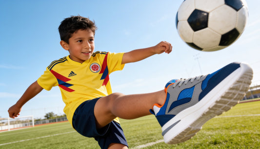Niño latino con camiseta de la Selección Colombia jugando fútbol con tenis Speedy Kids de Papos