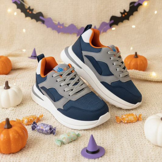Tenis para Niños Speedy Kids Azul Naranja en ambiente de Halloween