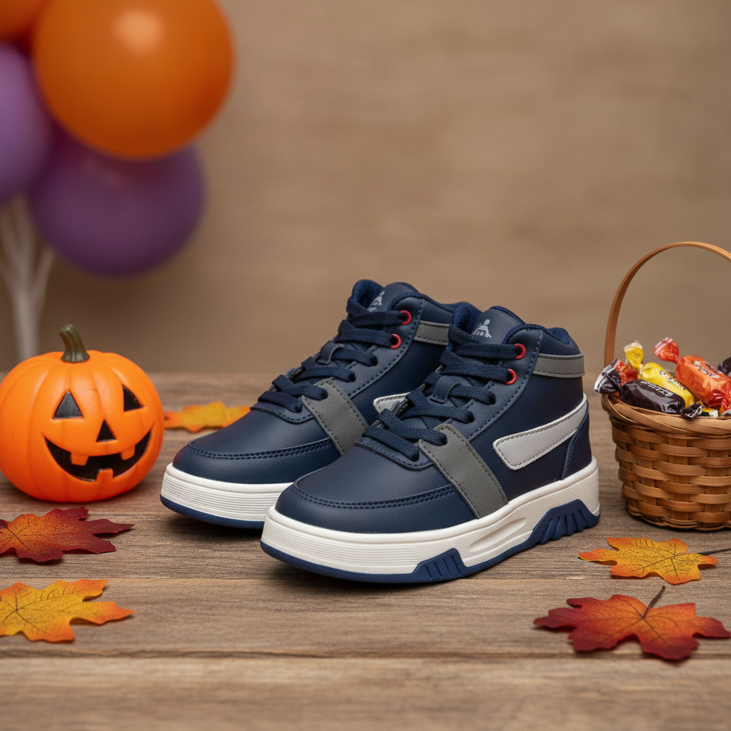Tenis para Niños Midnight Racer Azul en ambiente de Halloween