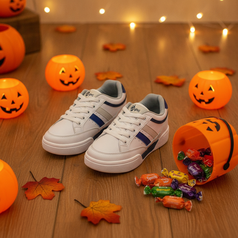 Tenis Dareck Blanco y Gris en ambiente de Halloween