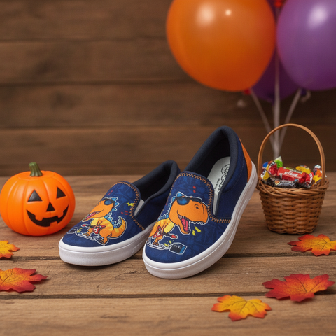 Casuales Papos Dino Naranja en ambiente de Halloween