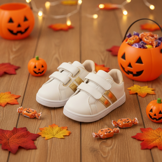 Zapatos Bebé Lara Blanco y Dorado en ambiente de Halloween