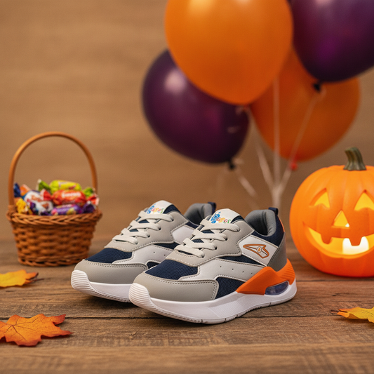 Tenis Niños Turbo Azul, Gris y Naranja en ambiente de Halloween
