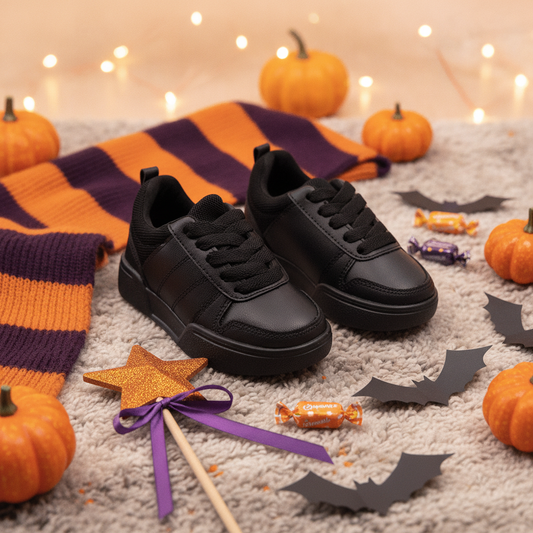 Tenis Escolares Green Day Negro Cordones en ambiente de Halloween