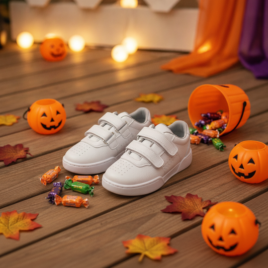 Tenis Colegiales Unisex EduStep Velcro Blanco en ambiente de Halloween