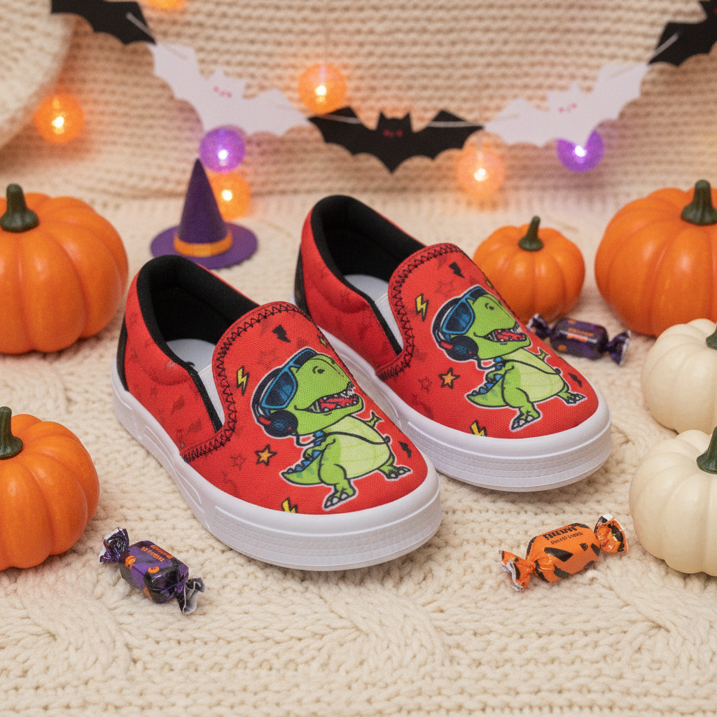Casuales Papos Dino Rojo en ambiente de Halloween