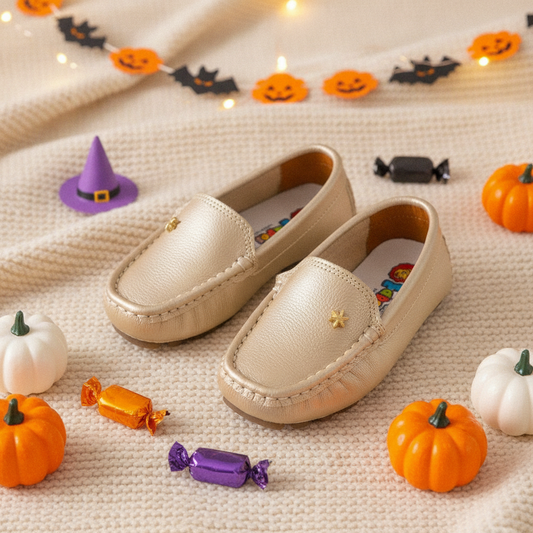 Mocasines para Niñas Golosina Dorado en ambiente de Halloween