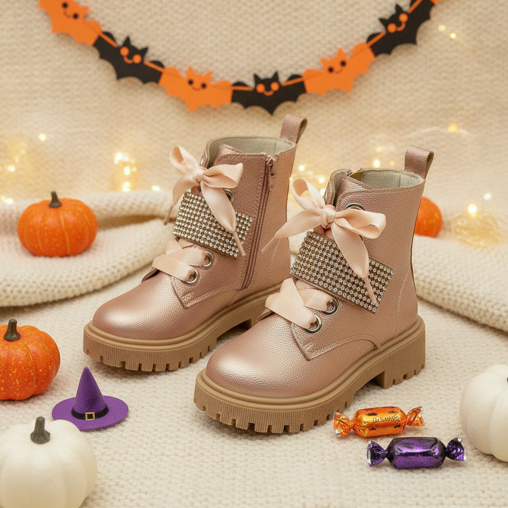 Botas Niñas Luz de Luna Oro Rosa en ambiente de Halloween