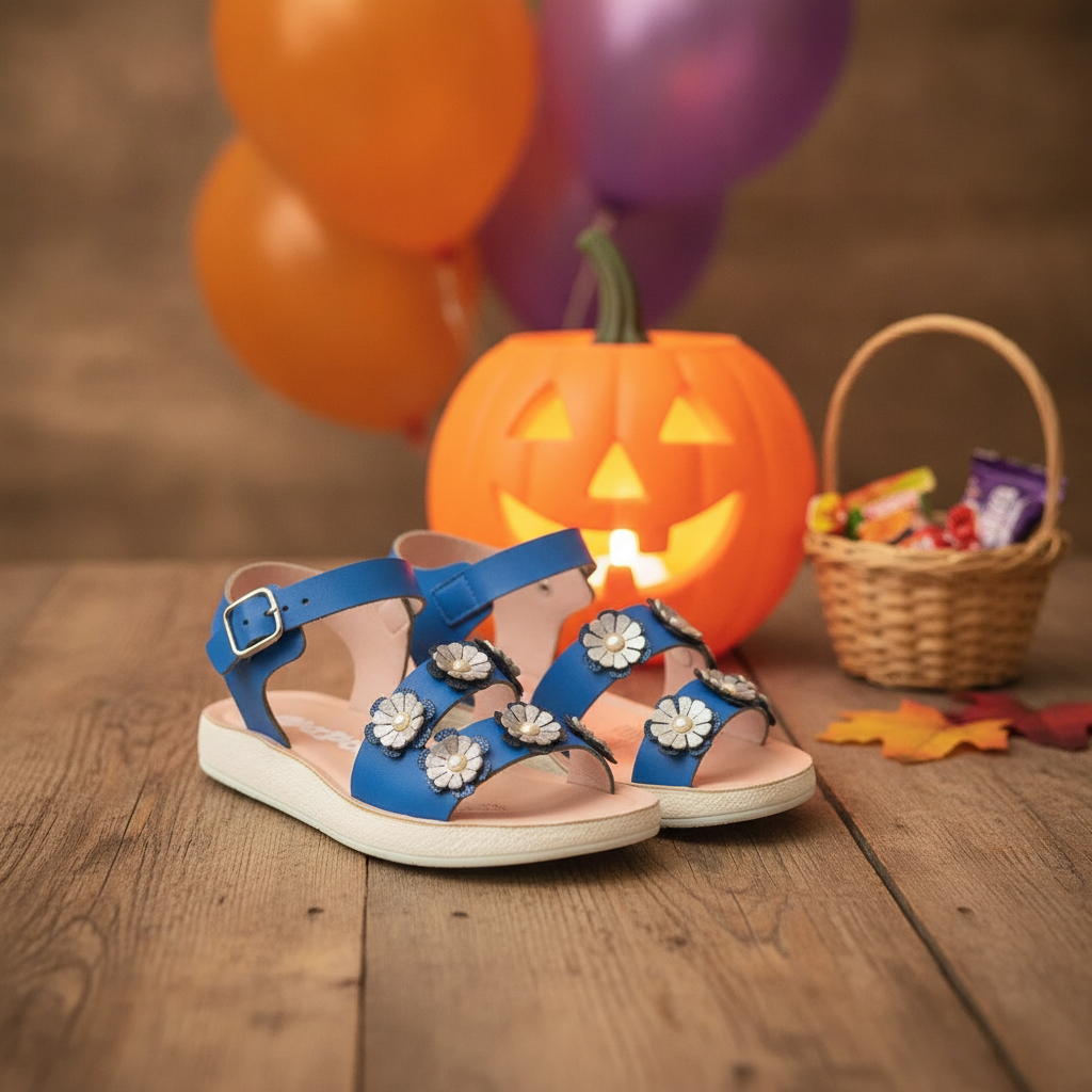 Sandalia Celenny Azul Metalizado en ambiente de Halloween