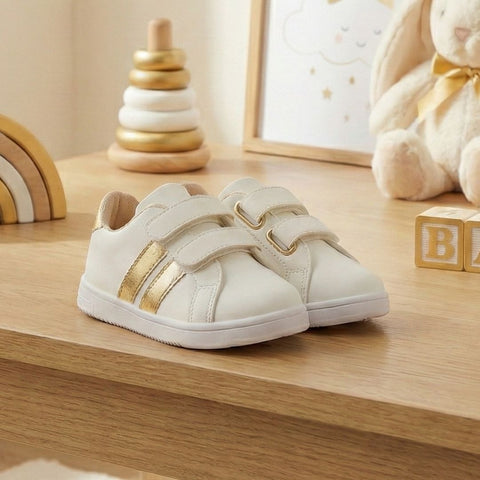 Zapatos Bebé Barefoot Lara – Blanco y Dorado (Velcro)