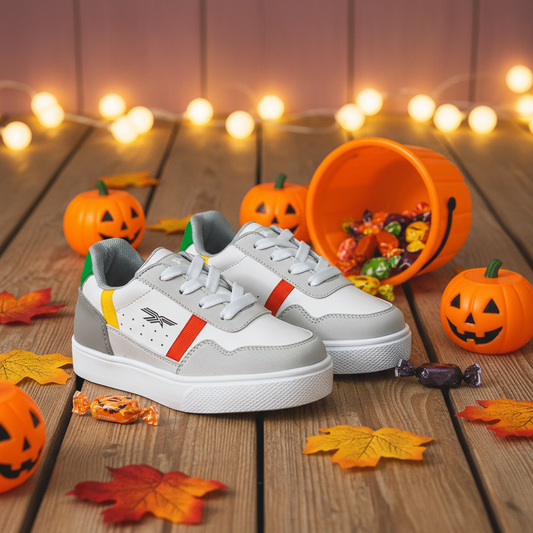 Tenis Niños Revenge Blanco Gris en ambiente de Halloween