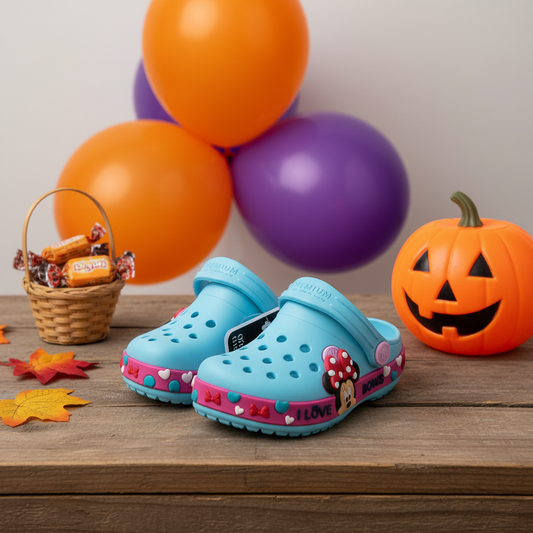 Zuecos Goma Minnie Azul Celeste para Niñas en ambiente de Halloween