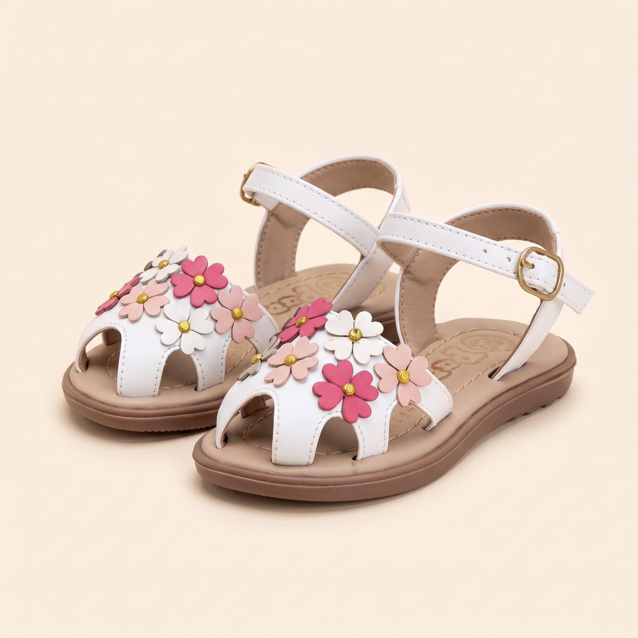 Sandalias para Niñas Marione Color Blanca con flores fucsia y rosa - PAPOS